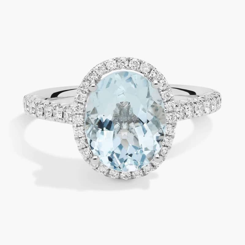 Aquamarine and Diamond Halo Ring in 18k White Gold (10x8mm)